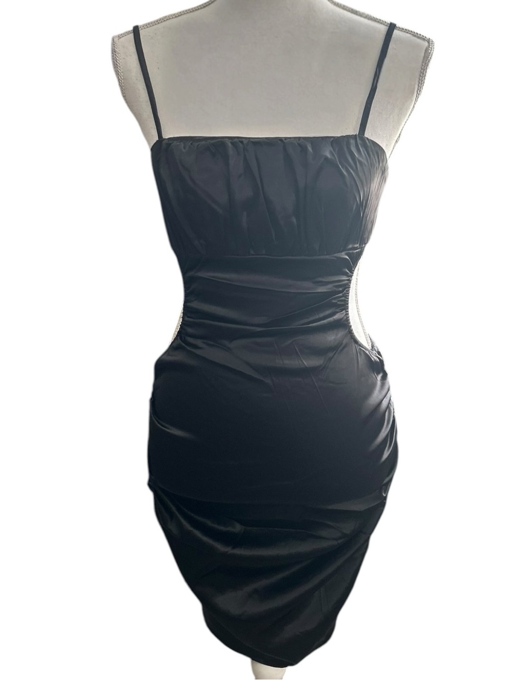 Sleek Black Satin Spaghetti-Strap Mini Dress